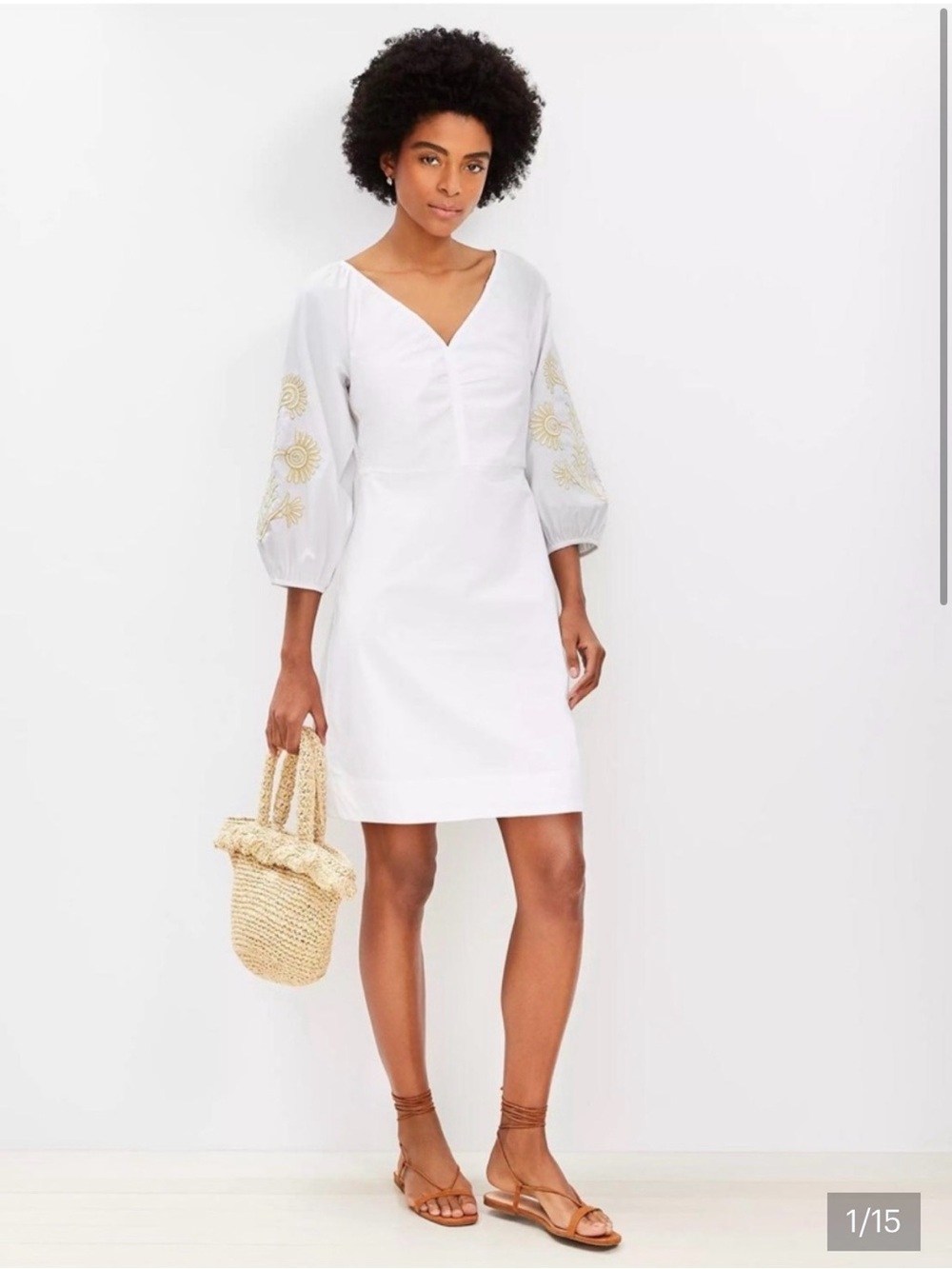 Loft V-Neck White Embroidered Sleeve Shift Dress